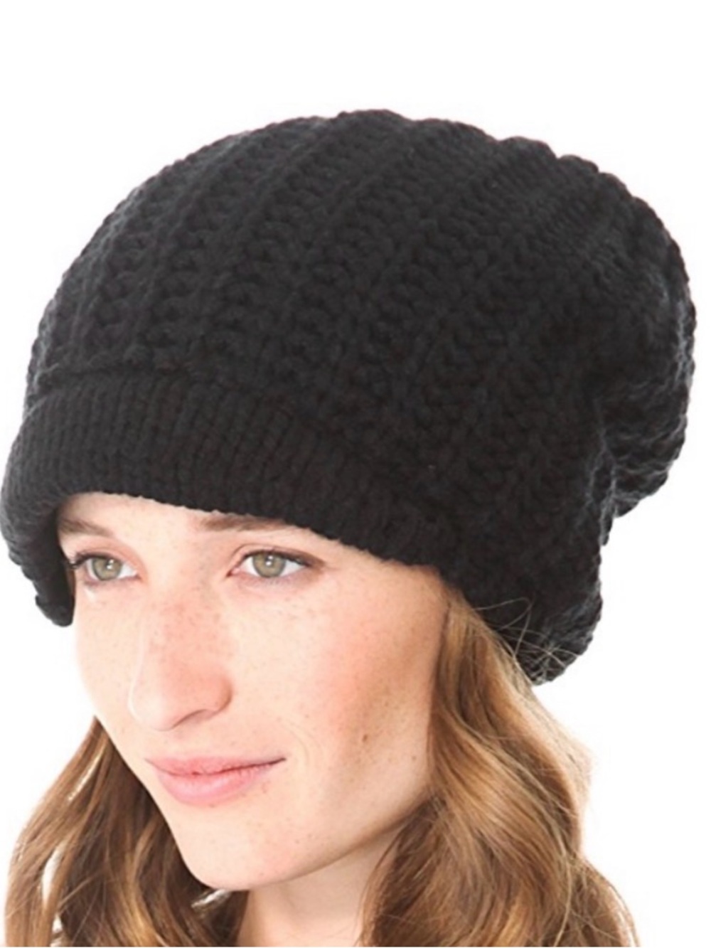 Plush Fleece Lined Brim Black Slouch Beanie - Women